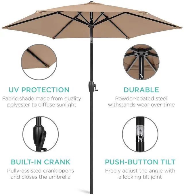 Alt view image 5 of 7 - 7.5ft Heavy-Duty Round Outdoor Market Table Patio Umbrella w/Steel Pole, Push Button Tilt, Easy Crank Lift - Tan