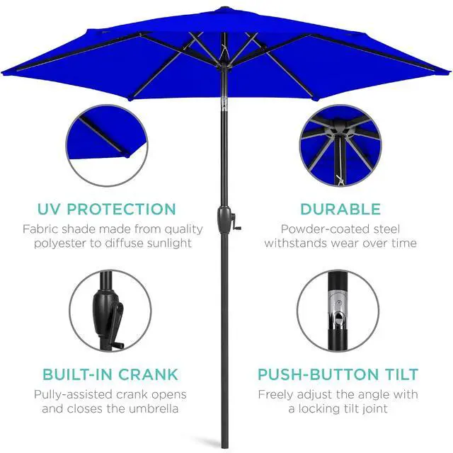 Alt view image 5 of 7 - 7.5ft Heavy-Duty Round Outdoor Market Table Patio Umbrella w/Steel Pole, Push Button Tilt, Easy Crank Lift - Resort Blue