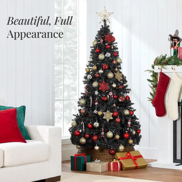 Alt view image 4 of 7 - 6ft Artificial Full Black Christmas Tree Seasonal Holiday Decoration for Home, Office, Party Decoration w/ 947 PVC Branch Tips, Metal Hinges, Foldable Base