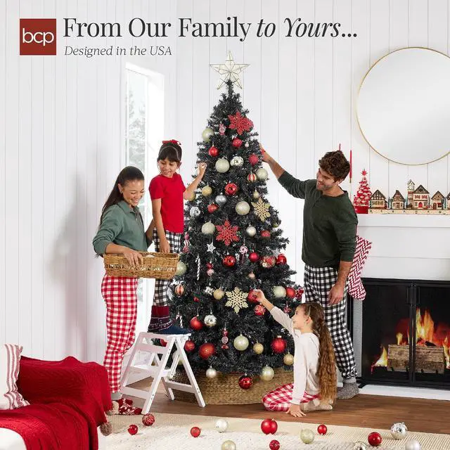 Alt view image 5 of 7 - 6ft Artificial Full Black Christmas Tree Seasonal Holiday Decoration for Home, Office, Party Decoration w/ 947 PVC Branch Tips, Metal Hinges, Foldable Base