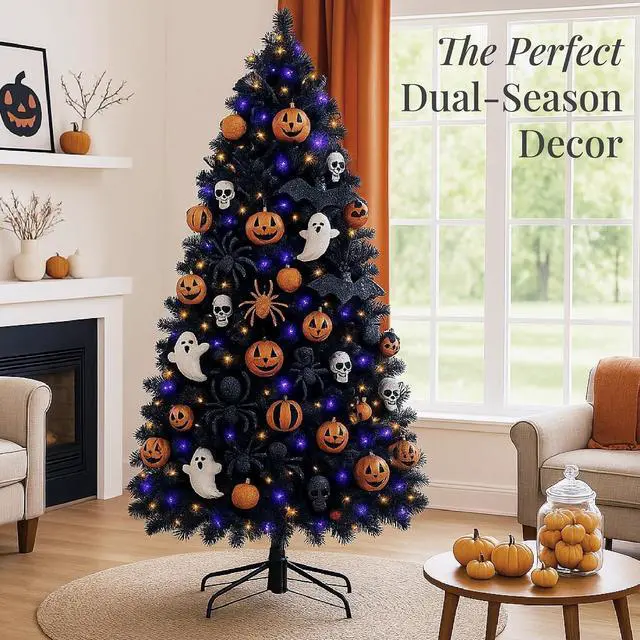 Alt view image 6 of 7 - 6ft Artificial Full Black Christmas Tree Seasonal Holiday Decoration for Home, Office, Party Decoration w/ 947 PVC Branch Tips, Metal Hinges, Foldable Base