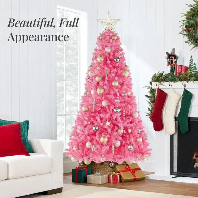 Alt view image 4 of 7 - 7.5ft Pink Christmas Tree Artificial Full Fir Tree Seasonal Holiday Decoration w/ 1,350 Branch Tips, Foldable Stand
