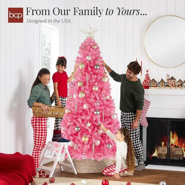 Alt view image 5 of 7 - 7.5ft Pink Christmas Tree Artificial Full Fir Tree Seasonal Holiday Decoration w/ 1,350 Branch Tips, Foldable Stand
