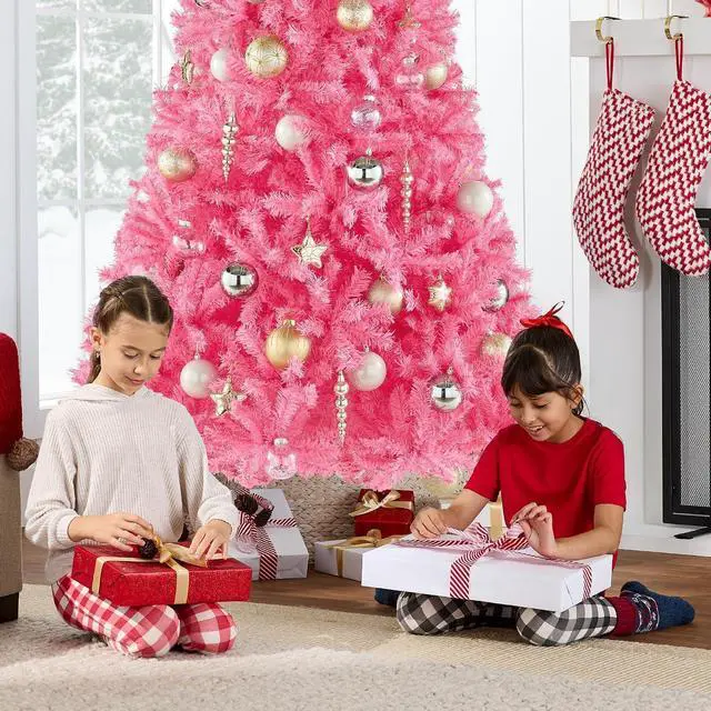 Alt view image 6 of 7 - 7.5ft Pink Christmas Tree Artificial Full Fir Tree Seasonal Holiday Decoration w/ 1,350 Branch Tips, Foldable Stand