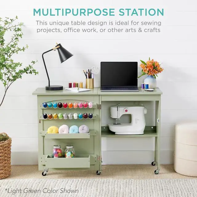 Alt view image 4 of 7 - Folding Sewing Table Multipurpose Craft Station & Side Desk with Compact Design, Wheels, Shelves, Storage Trays, Pegs, Magnetic Doors, Metal Doorknobs - Black