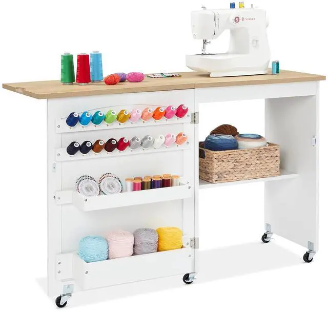 Main image of Folding Sewing Table Multipurpose Craft Station & Side Desk with Compact Design, Wheels, Shelves, Storage Trays, Pegs, Magnetic Doors, Metal Doorknobs - Natural/White