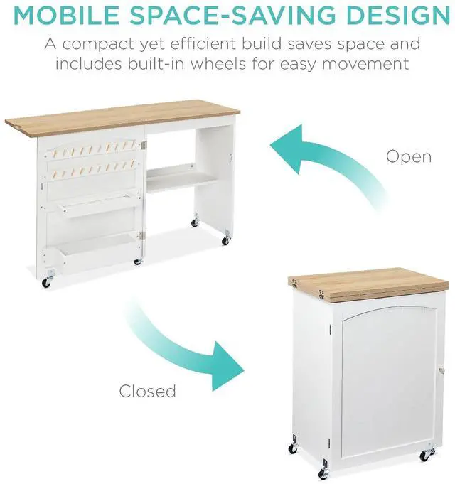 Alt view image 5 of 7 - Folding Sewing Table Multipurpose Craft Station & Side Desk with Compact Design, Wheels, Shelves, Storage Trays, Pegs, Magnetic Doors, Metal Doorknobs - Natural/White