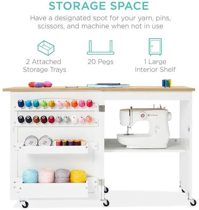 Alt view image 3 of 7 - Folding Sewing Table Multipurpose Craft Station & Side Desk with Compact Design, Wheels, Shelves, Storage Trays, Pegs, Magnetic Doors, Metal Doorknobs - Natural/White