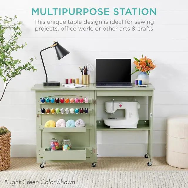 Alt view image 4 of 7 - Folding Sewing Table Multipurpose Craft Station & Side Desk with Compact Design, Wheels, Shelves, Storage Trays, Pegs, Magnetic Doors, Metal Doorknobs - Natural/White