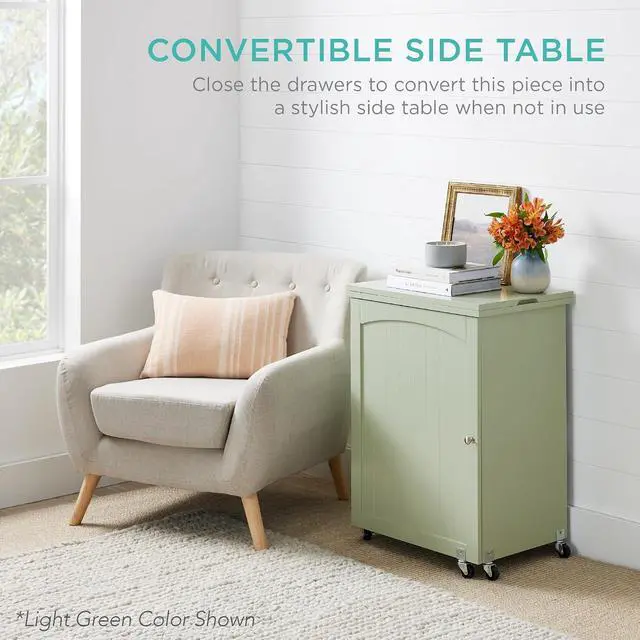 Alt view image 6 of 7 - Folding Sewing Table Multipurpose Craft Station & Side Desk with Compact Design, Wheels, Shelves, Storage Trays, Pegs, Magnetic Doors, Metal Doorknobs - Natural/White