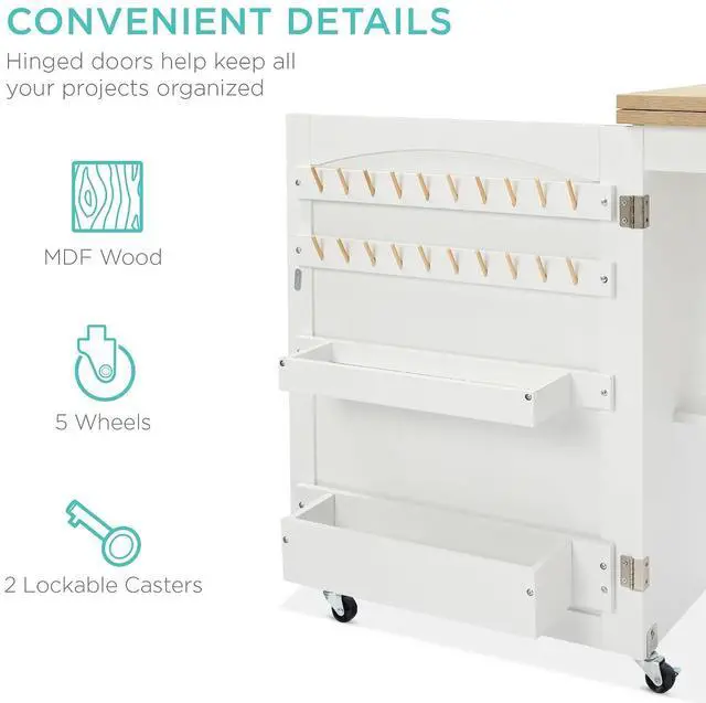 Alt view image 7 of 7 - Folding Sewing Table Multipurpose Craft Station & Side Desk with Compact Design, Wheels, Shelves, Storage Trays, Pegs, Magnetic Doors, Metal Doorknobs - Natural/White