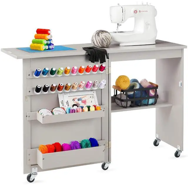 Main image of Folding Sewing Table Multipurpose Craft Station & Side Desk with Compact Design, Wheels, Shelves, Storage Trays, Pegs, Magnetic Doors, Metal Doorknobs - Gray