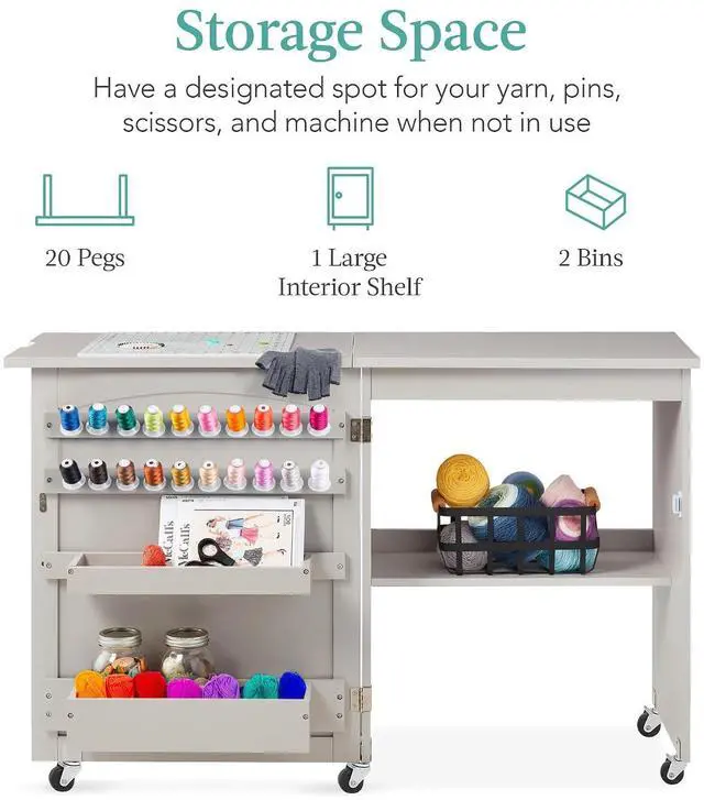 Alt view image 3 of 7 - Folding Sewing Table Multipurpose Craft Station & Side Desk with Compact Design, Wheels, Shelves, Storage Trays, Pegs, Magnetic Doors, Metal Doorknobs - Gray