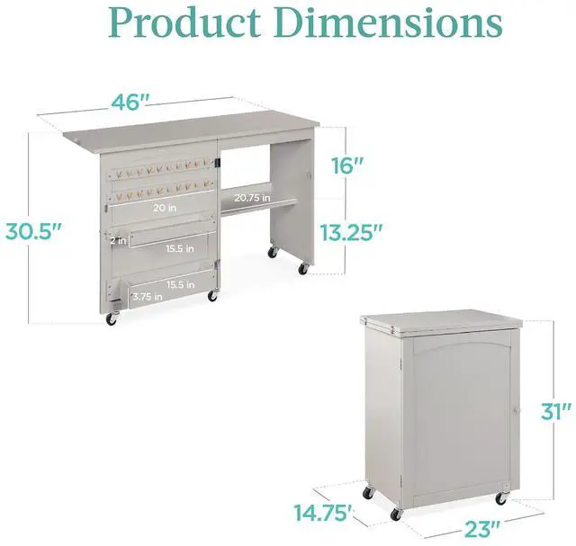 Alt view image 2 of 7 - Folding Sewing Table Multipurpose Craft Station & Side Desk with Compact Design, Wheels, Shelves, Storage Trays, Pegs, Magnetic Doors, Metal Doorknobs - Gray