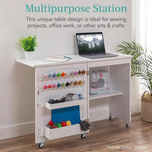 Alt view image 4 of 7 - Folding Sewing Table Multipurpose Craft Station & Side Desk with Compact Design, Wheels, Shelves, Storage Trays, Pegs, Magnetic Doors, Metal Doorknobs - Gray