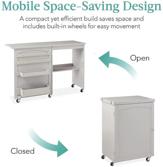 Alt view image 5 of 7 - Folding Sewing Table Multipurpose Craft Station & Side Desk with Compact Design, Wheels, Shelves, Storage Trays, Pegs, Magnetic Doors, Metal Doorknobs - Gray