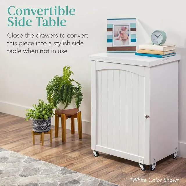 Alt view image 6 of 7 - Folding Sewing Table Multipurpose Craft Station & Side Desk with Compact Design, Wheels, Shelves, Storage Trays, Pegs, Magnetic Doors, Metal Doorknobs - Gray