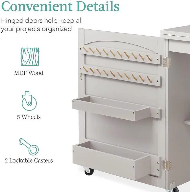 Alt view image 7 of 7 - Folding Sewing Table Multipurpose Craft Station & Side Desk with Compact Design, Wheels, Shelves, Storage Trays, Pegs, Magnetic Doors, Metal Doorknobs - Gray