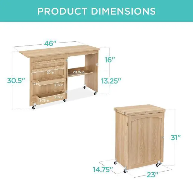Alt view image 2 of 7 - Folding Sewing Table Multipurpose Craft Station & Side Desk with Compact Design, Wheels, Shelves, Storage Trays, Pegs, Magnetic Doors, Metal Doorknobs - Light Brown