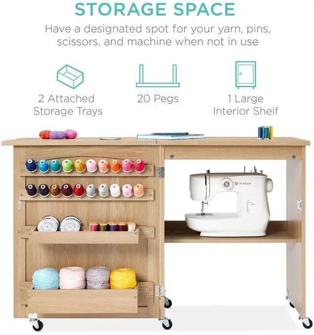 Alt view image 3 of 7 - Folding Sewing Table Multipurpose Craft Station & Side Desk with Compact Design, Wheels, Shelves, Storage Trays, Pegs, Magnetic Doors, Metal Doorknobs - Light Brown