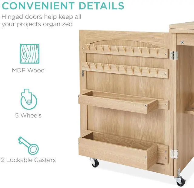 Alt view image 7 of 7 - Folding Sewing Table Multipurpose Craft Station & Side Desk with Compact Design, Wheels, Shelves, Storage Trays, Pegs, Magnetic Doors, Metal Doorknobs - Light Brown