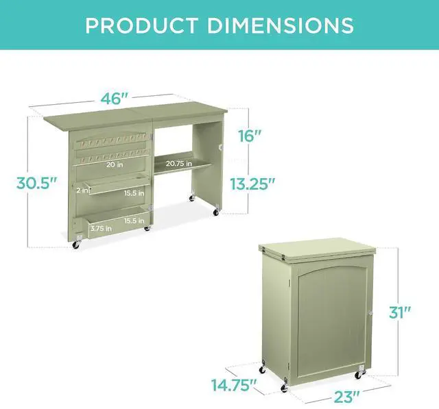 Alt view image 2 of 7 - Folding Sewing Table Multipurpose Craft Station & Side Desk with Compact Design, Wheels, Shelves, Storage Trays, Pegs, Magnetic Doors, Metal Doorknobs - Light Green