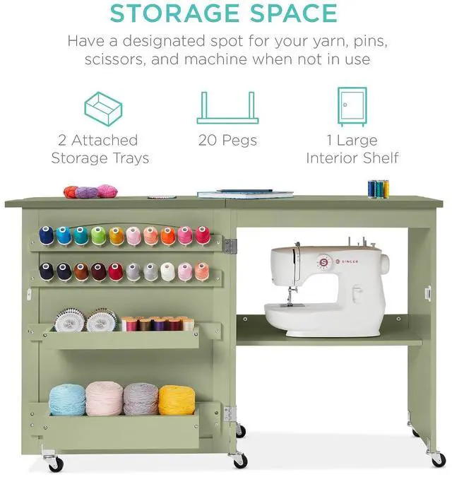 Alt view image 3 of 7 - Folding Sewing Table Multipurpose Craft Station & Side Desk with Compact Design, Wheels, Shelves, Storage Trays, Pegs, Magnetic Doors, Metal Doorknobs - Light Green