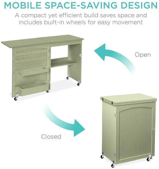 Alt view image 5 of 7 - Folding Sewing Table Multipurpose Craft Station & Side Desk with Compact Design, Wheels, Shelves, Storage Trays, Pegs, Magnetic Doors, Metal Doorknobs - Light Green
