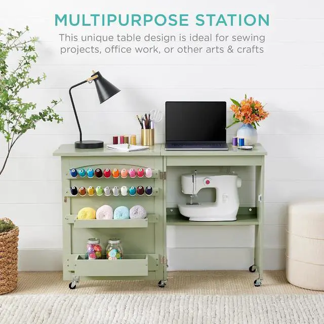 Alt view image 4 of 7 - Folding Sewing Table Multipurpose Craft Station & Side Desk with Compact Design, Wheels, Shelves, Storage Trays, Pegs, Magnetic Doors, Metal Doorknobs - Light Green