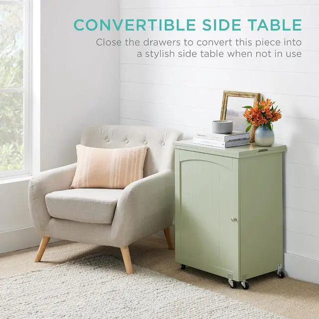 Alt view image 6 of 7 - Folding Sewing Table Multipurpose Craft Station & Side Desk with Compact Design, Wheels, Shelves, Storage Trays, Pegs, Magnetic Doors, Metal Doorknobs - Light Green