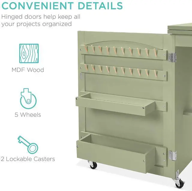 Alt view image 7 of 7 - Folding Sewing Table Multipurpose Craft Station & Side Desk with Compact Design, Wheels, Shelves, Storage Trays, Pegs, Magnetic Doors, Metal Doorknobs - Light Green
