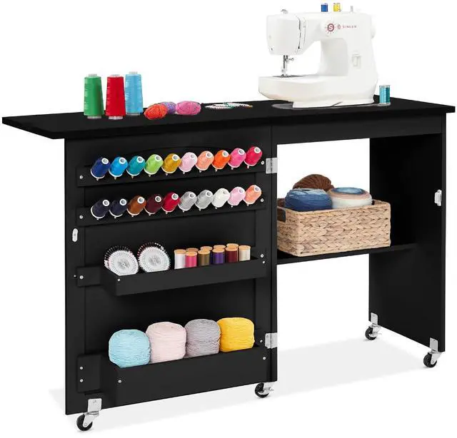 Main image of Folding Sewing Table Multipurpose Craft Station & Side Desk with Compact Design, Wheels, Shelves, Storage Trays, Pegs, Magnetic Doors, Metal Doorknobs - Black