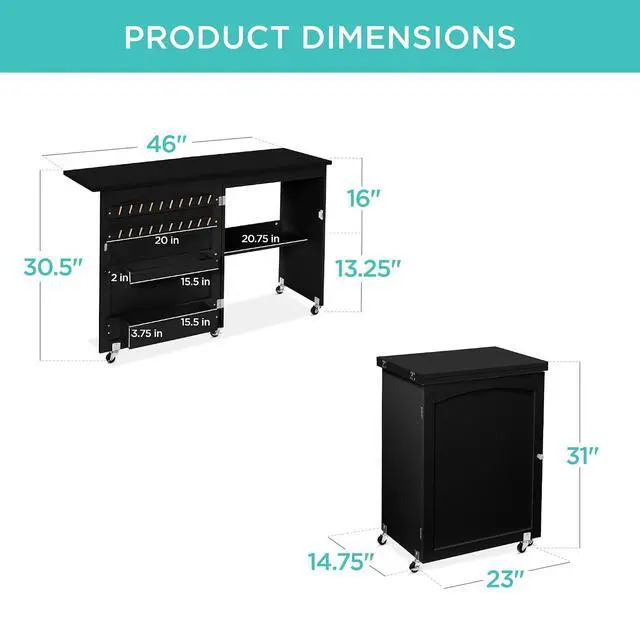 Alt view image 2 of 7 - Folding Sewing Table Multipurpose Craft Station & Side Desk with Compact Design, Wheels, Shelves, Storage Trays, Pegs, Magnetic Doors, Metal Doorknobs - Black