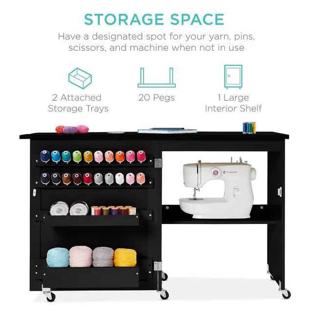 Alt view image 3 of 7 - Folding Sewing Table Multipurpose Craft Station & Side Desk with Compact Design, Wheels, Shelves, Storage Trays, Pegs, Magnetic Doors, Metal Doorknobs - Black