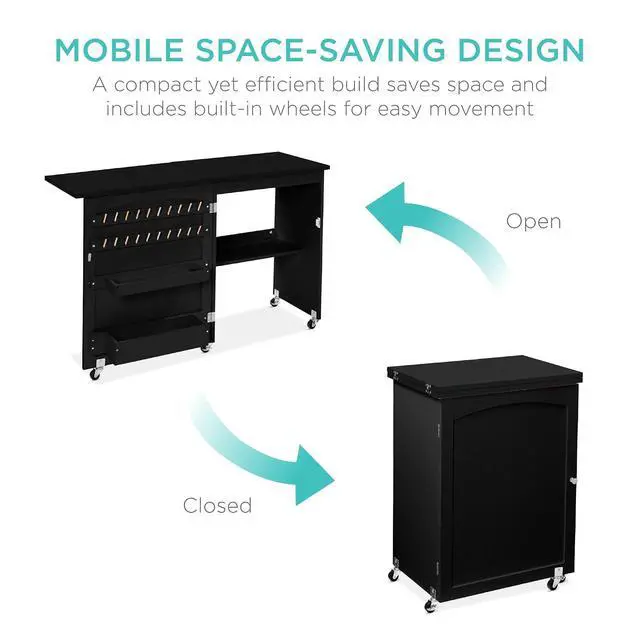 Alt view image 5 of 7 - Folding Sewing Table Multipurpose Craft Station & Side Desk with Compact Design, Wheels, Shelves, Storage Trays, Pegs, Magnetic Doors, Metal Doorknobs - Black