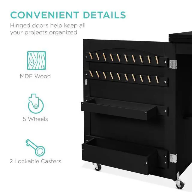 Alt view image 7 of 7 - Folding Sewing Table Multipurpose Craft Station & Side Desk with Compact Design, Wheels, Shelves, Storage Trays, Pegs, Magnetic Doors, Metal Doorknobs - Black