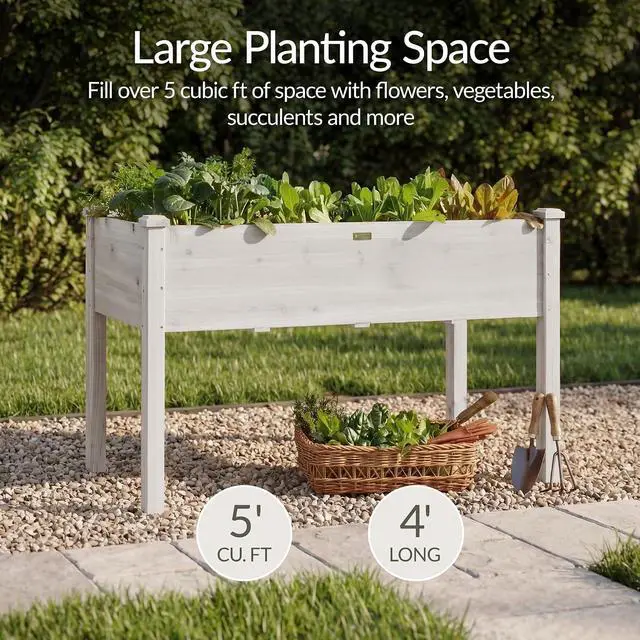 Alt view image 3 of 7 - Best Choice Products 48x24x30in Raised Garden Bed, Elevated Wood Planter Box Stand for Backyard, Patio, Balcony w/Bed Liner, 200lb Capacity - White