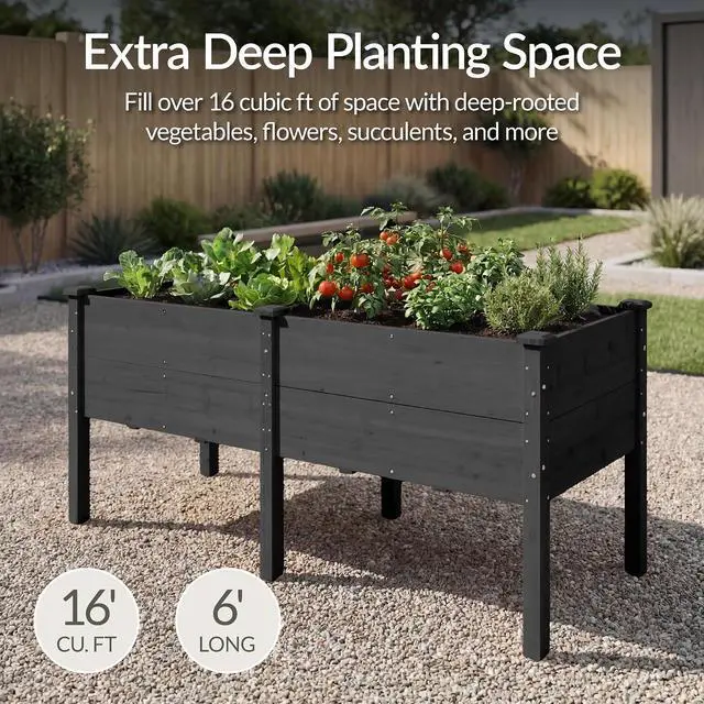 Alt view image 3 of 7 - Best Choice Products 72" x 24" x 30" Raised Garden Bed with Extra Deep 16" Depth, Elevated Wood Planter Box Stand for Backyard, Patio, Balcony, Natural Fir Wood - Black