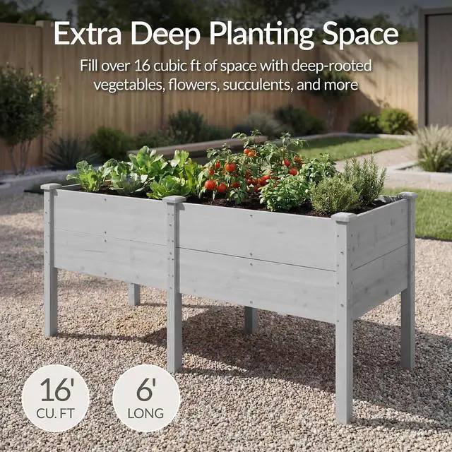 Alt view image 3 of 7 - Best Choice Products 72" x 24" x 30" Raised Garden Bed with Extra Deep 16" Depth, Elevated Wood Planter Box Stand for Backyard, Patio, Balcony, Natural Fir Wood - Gray