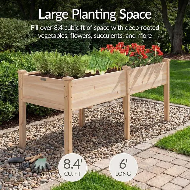 Alt view image 3 of 7 - Best Choice Products 72x24x30in Raised Garden Bed, Elevated Wood Planter Box Stand for Backyard, Patio, Balcony w/Divider Panel, 6 Legs, 300lb Capacity - Natural