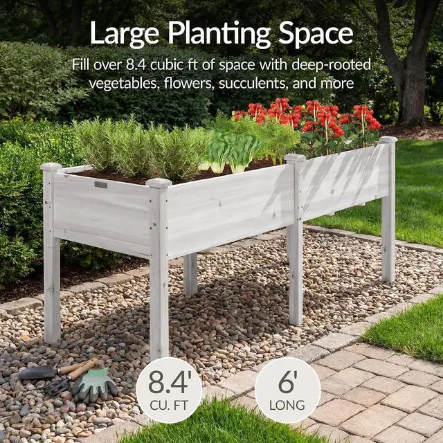Alt view image 3 of 7 - Best Choice Products 72x24x30in Raised Garden Bed, Elevated Wood Planter Box Stand for Backyard, Patio, Balcony w/Divider Panel, 6 Legs, 300lb Capacity - White