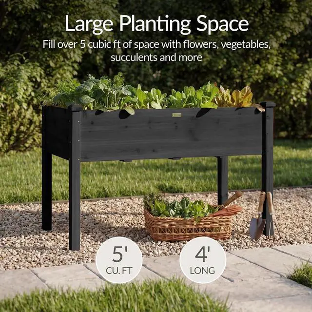Alt view image 3 of 7 - Best Choice Products 48x24x30in Raised Garden Bed, Elevated Wood Planter Box Stand for Backyard, Patio, Balcony w/Bed Liner, 200lb Capacity - Black