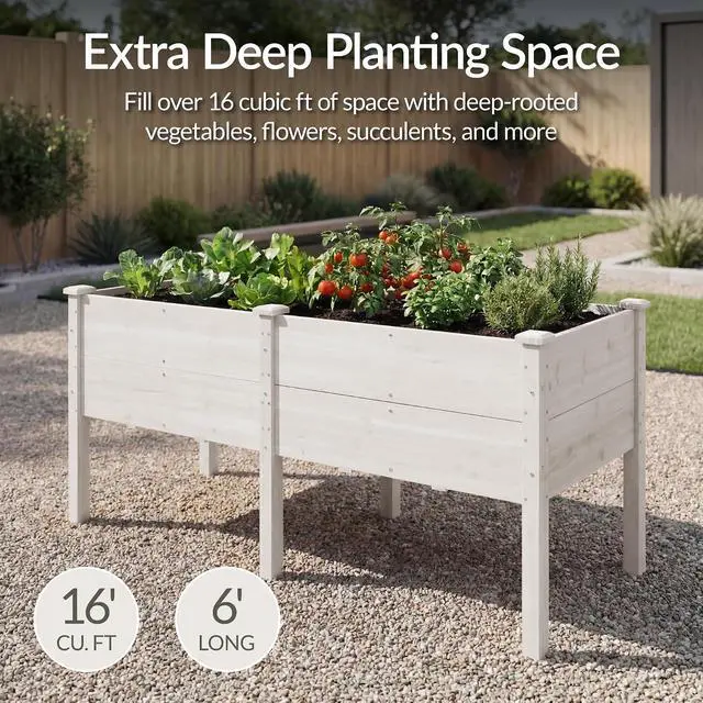 Alt view image 3 of 7 - Best Choice Products 72" x 24" x 30" Raised Garden Bed with Extra Deep 16" Depth, Elevated Wood Planter Box Stand for Backyard, Patio, Balcony, Natural Fir Wood - White