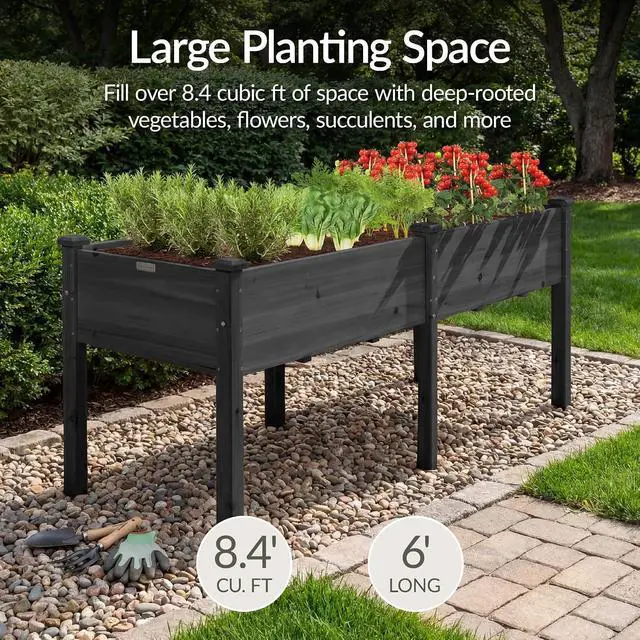 Alt view image 3 of 7 - Best Choice Products 72x24x30in Raised Garden Bed, Elevated Wood Planter Box Stand for Backyard, Patio, Balcony w/Divider Panel, 6 Legs, 300lb Capacity - Black