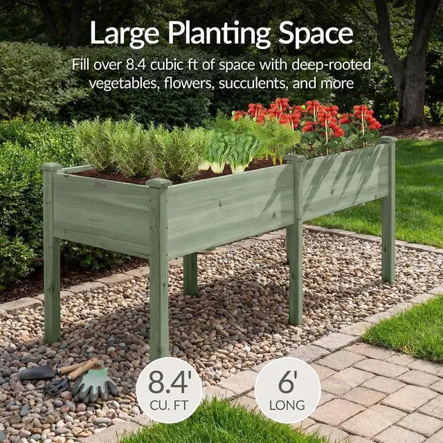 Alt view image 3 of 7 - Best Choice Products 72x24x30in Raised Garden Bed, Elevated Wood Planter Box Stand for Backyard, Patio, Balcony w/Divider Panel, 6 Legs, 300lb Capacity - Sage