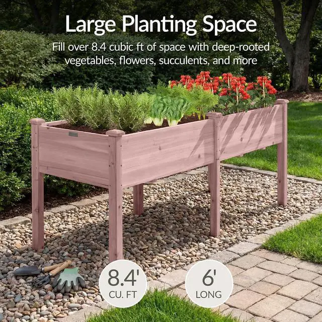 Alt view image 3 of 7 - Best Choice Products 72x24x30in Raised Garden Bed, Elevated Wood Planter Box Stand for Backyard, Patio, Balcony w/Divider Panel, 6 Legs, 300lb Capacity - Pink