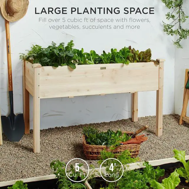 Alt view image 2 of 7 - Best Choice Products 48 x 24 x 30 Inches Raised Garden Bed, Elevated Wood Planter Box Stand for Backyard, Patio, Balcony with Bed Liner, 200 Pound Capacity - Natural