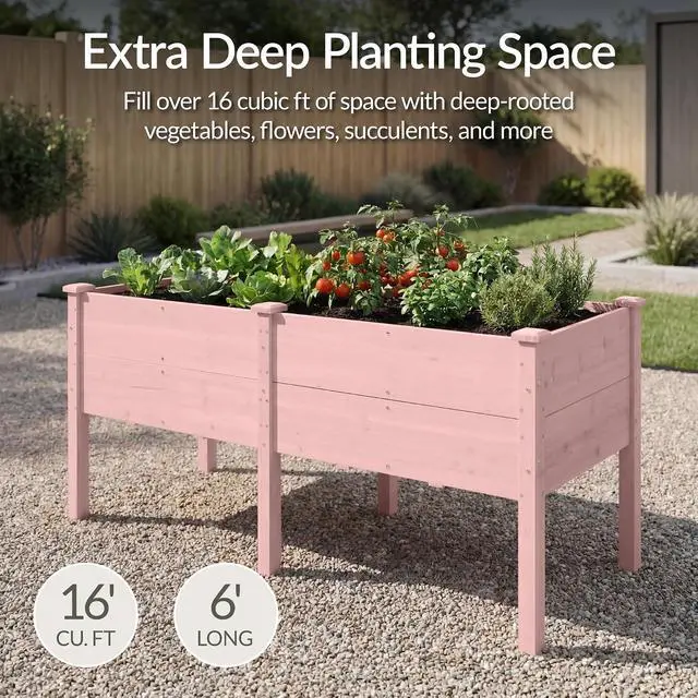Alt view image 3 of 7 - Best Choice Products 72" x 24" x 30" Raised Garden Bed with Extra Deep 16" Depth, Elevated Wood Planter Box Stand for Backyard, Patio, Balcony, Natural Fir Wood - Pink