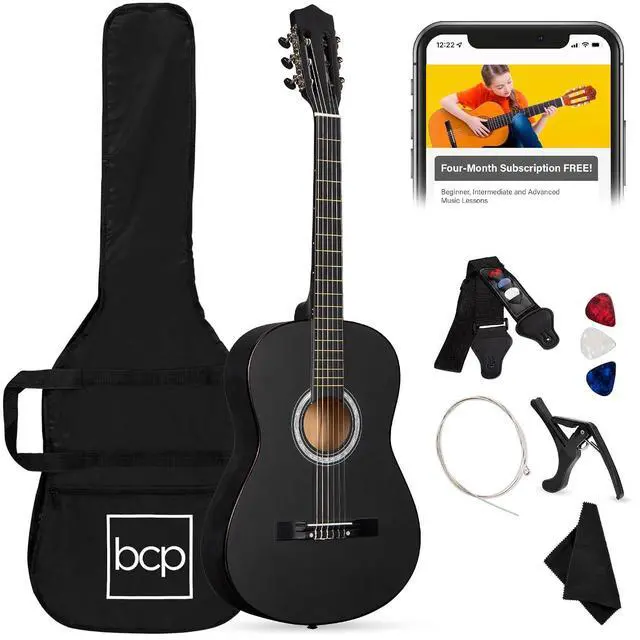 Main image of 38in Beginner All Wood Acoustic Guitar Starter Kit w/Gig Bag, 6 Picks, Nylon Strings, Strap w/Pick Holder - Matte Black