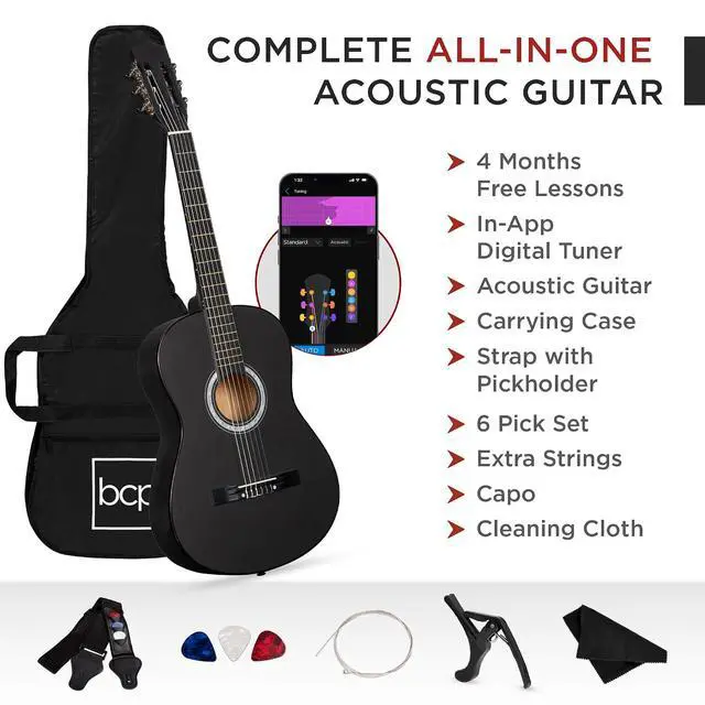 Alt view image 3 of 7 - 38in Beginner All Wood Acoustic Guitar Starter Kit w/Gig Bag, 6 Picks, Nylon Strings, Strap w/Pick Holder - Matte Black